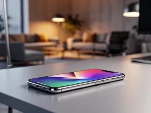 Mężczyzna trzymający w dłoni nowoczesny smartfon Samsung Galaxy A12 na tle biurowego biurka.