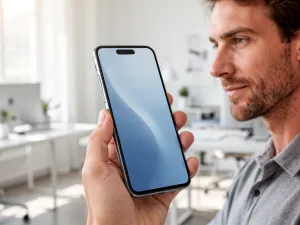 Elegancki smartfon Samsung Galaxy A55 z metalową ramką trzymany w dłoni na tle nowoczesnego biura.