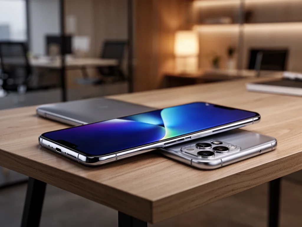 Samsung Galaxy S20 FE leżący na drewnianym biurku, prezentujący nowoczesny design i aparat smartfona.