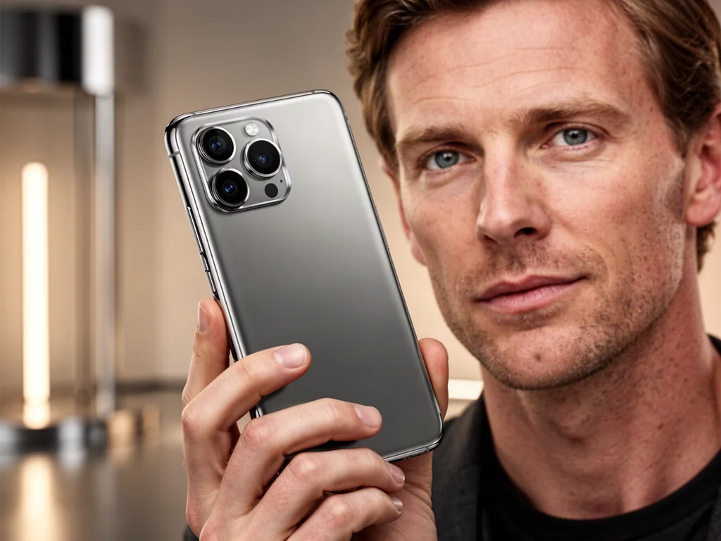 Mężczyzna trzymający w dłoni iPhone’a 16 Pro, prezentujący jego tytanową obudowę oraz zaawansowany system aparatów.