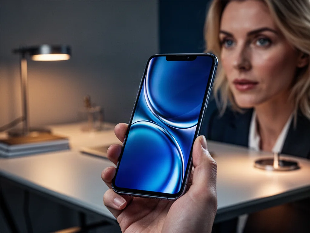 Elegancki smartfon Samsung Galaxy S22 Ultra trzymany w dłoni, prezentujący wysoką jakość wyświetlacza na tle biurka.