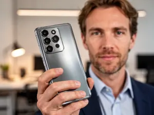 Smartfon Xiaomi Redmi Note 11 z wyraźnym ekranem na minimalistycznym biurku w nowoczesnym biurze.