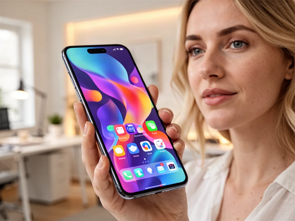 Kobieta trzymająca nowoczesny smartfon Google Pixel z kolorowym interfejsem na ekranie w jasnym biurze.