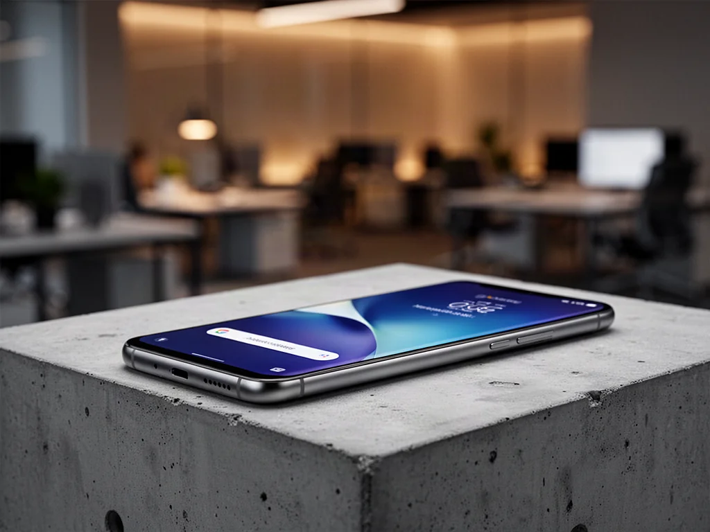 Smartfon Xiaomi Redmi Note 8 Pro z włączonym ekranem, spoczywający na minimalistycznym betonowym podłożu.
