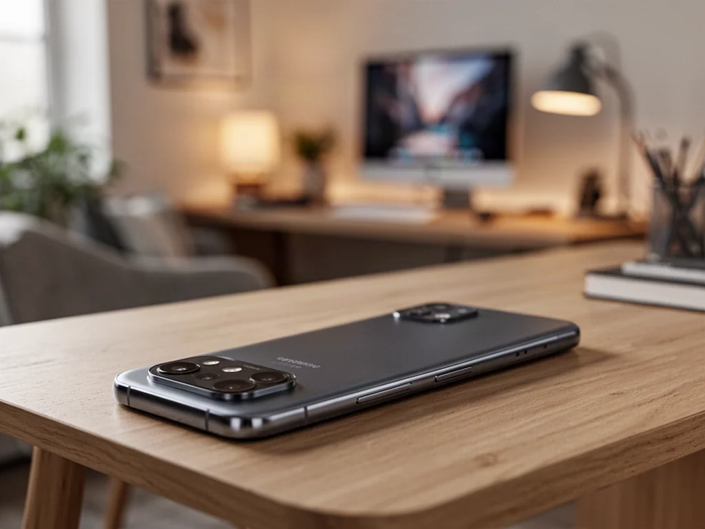 Xiaomi Redmi Note 9 Pro leżący na drewnianym biurku z wyeksponowanym modułem aparatu w profesjonalnym ujęciu.