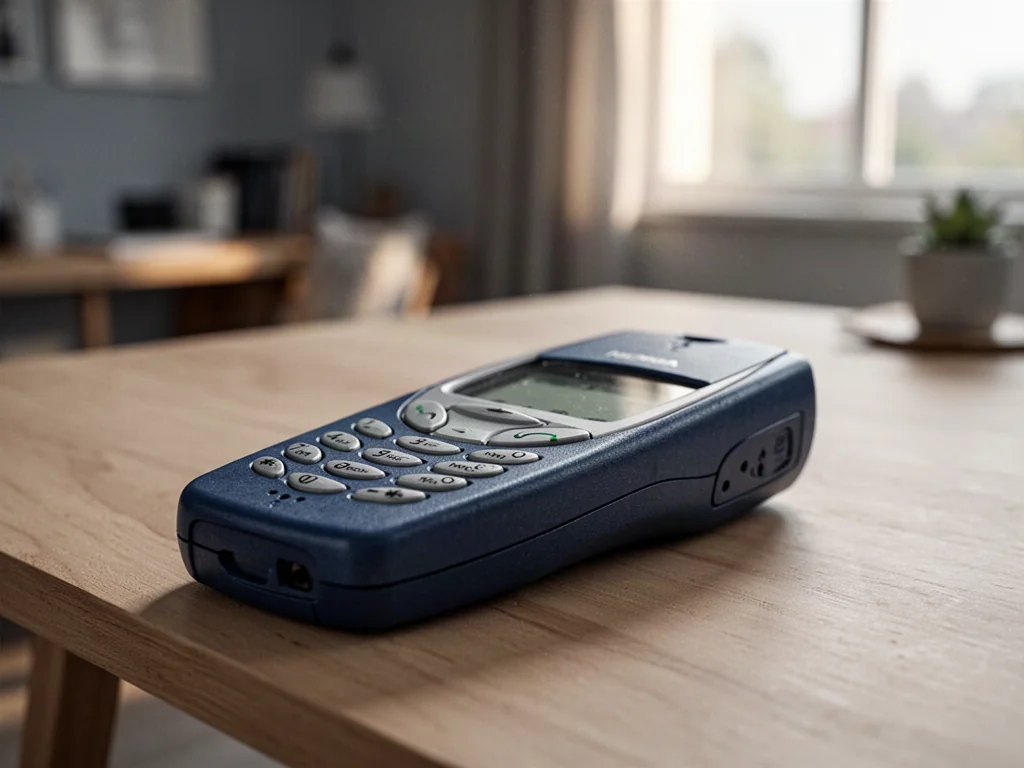 Klasyczna Nokia 3210 leżąca na drewnianym biurku w promieniach słońca, podkreślająca ikoniczny design telefonu.