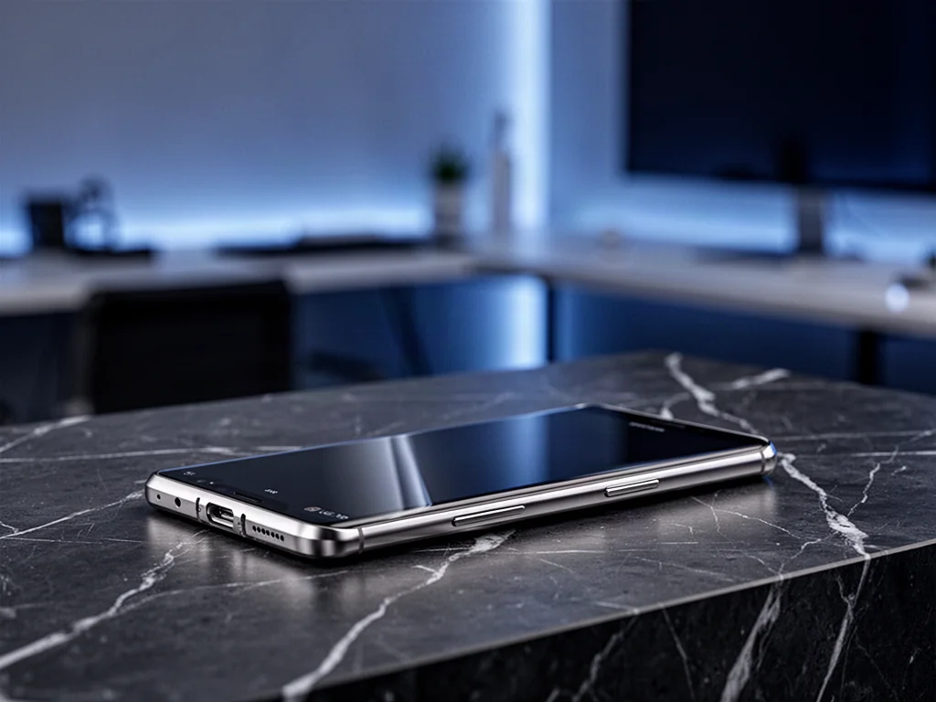 Samsung Galaxy S24 Ultra z tytanową ramką spoczywający na eleganckim, marmurowym blacie w nowoczesnym biurze.