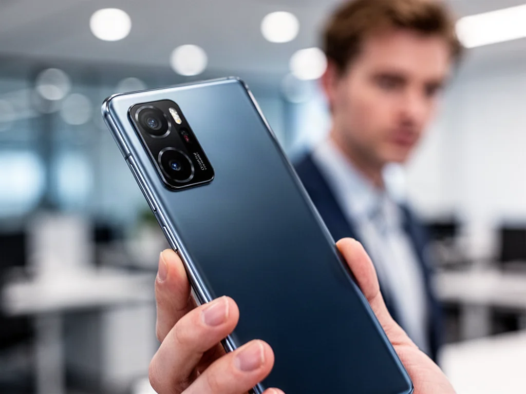 Elegancki smartfon Huawei P8 lite trzymany w dłoni na tle nowoczesnego biura. Profesjonalne ujęcie detali urządzenia.