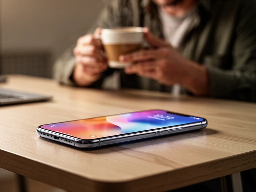 Smartfon Huawei P30 leżący na drewnianym biurku w przytulnym, nowoczesnym wnętrzu.