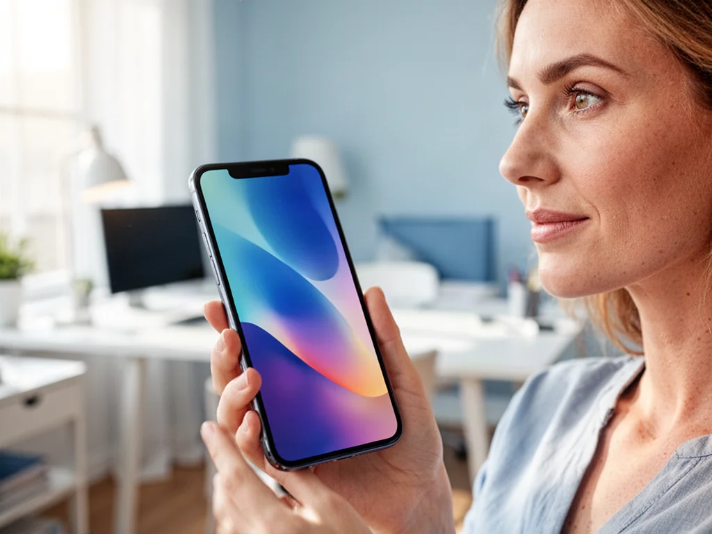 Kobieta trzymająca w dłoni smartfon Xiaomi Redmi Note 8 z wyraźnym, kolorowym ekranem w jasnym, nowoczesnym biurze.