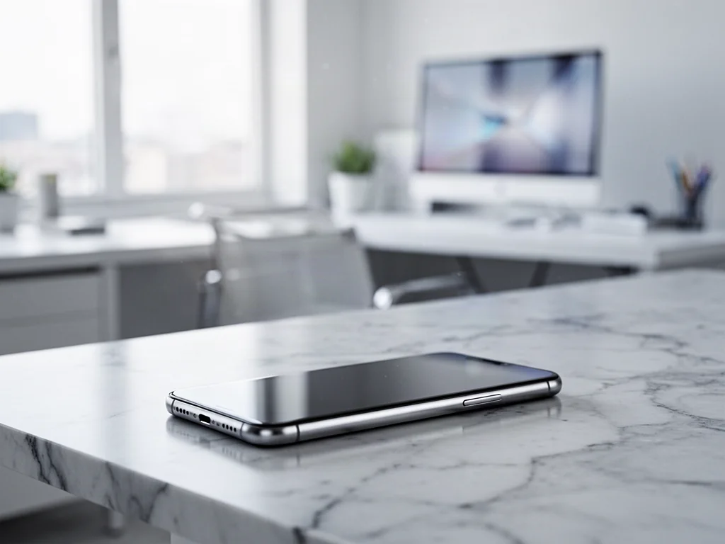 Nowoczesny smartfon leżący na marmurowym biurku w jasnym, minimalistycznym wnętrzu z naturalnym oświetleniem.