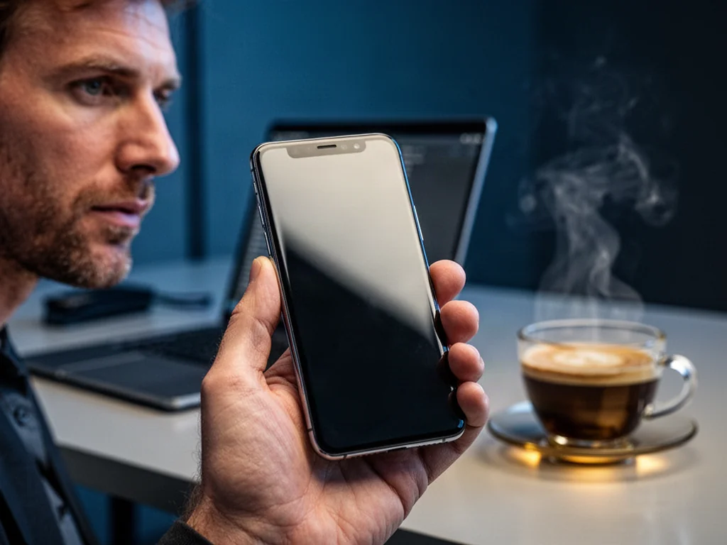 Mężczyzna trzymający w dłoni elegancki smartfon Huawei P20 na tle nowoczesnego biura.