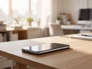 Mężczyzna trzymający w dłoni nowoczesny smartfon Samsung Galaxy A55 z metalową ramką w minimalistycznym biurze.