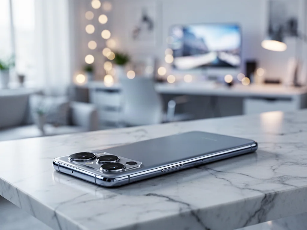 Samsung Galaxy S24 leżący na marmurowym biurku, z wyraźnym wyeksponowaniem obiektywów aparatu w profesjonalnym oświetleniu.