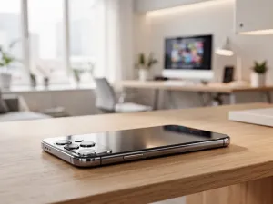 Xiaomi Redmi 9 leżący na minimalistycznym drewnianym biurku z widoczną na ekranie kolorową tapetą.