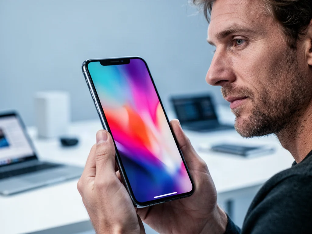 Mężczyzna trzymający smartfon Xiaomi Redmi Note 12 z wyraźnym, kolorowym ekranem na tle nowoczesnego biura.