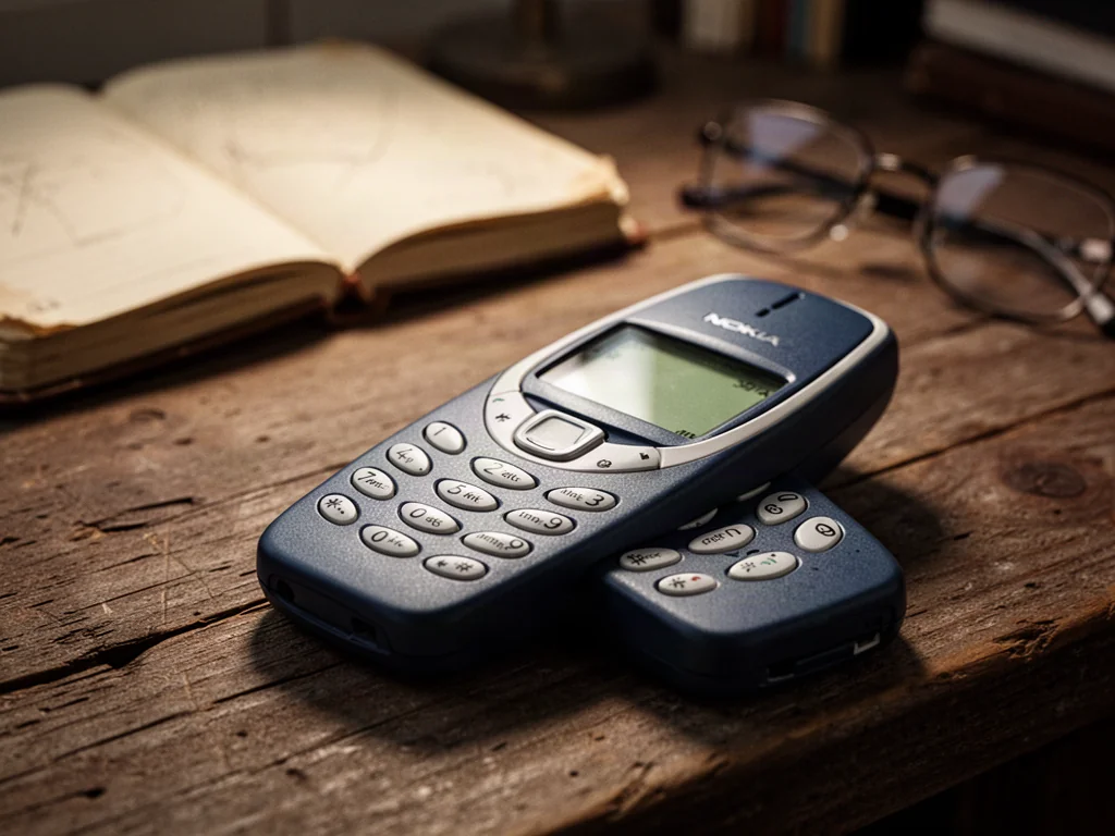 Klasyczny telefon Nokia 3310 leżący na drewnianym biurku w nostalgicznym, ciepłym oświetleniu.