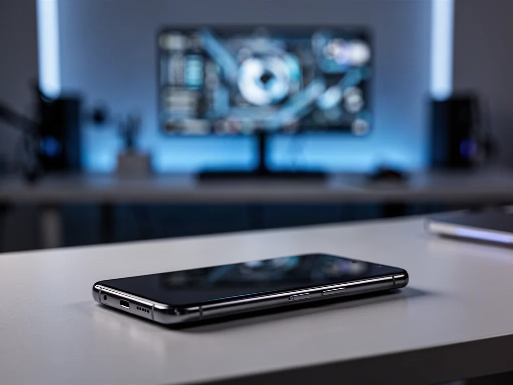 Nowoczesny smartfon Samsung Galaxy na minimalistycznym biurku w profesjonalnym, technologicznym otoczeniu.