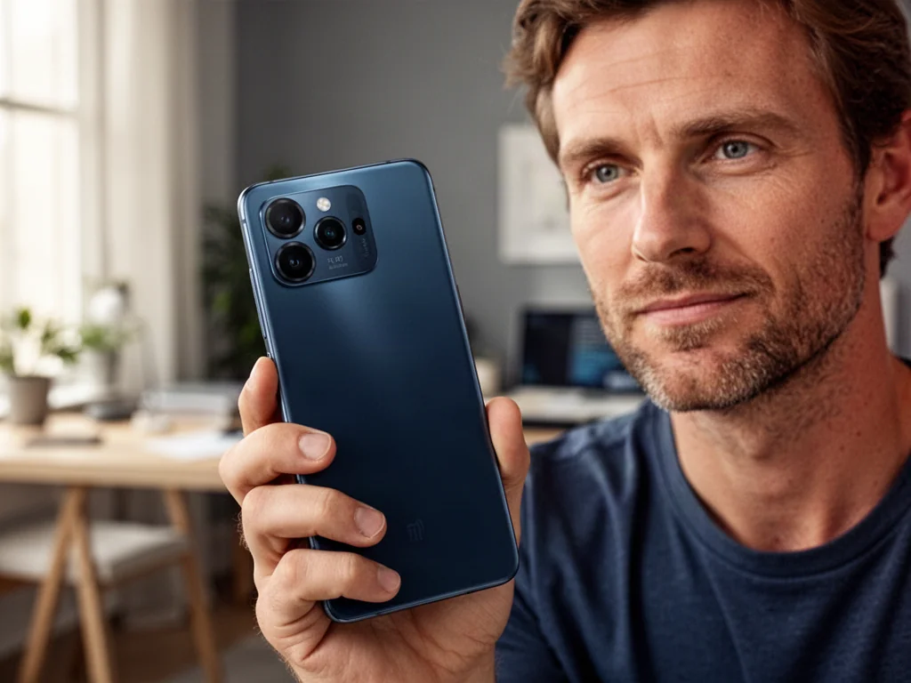 Mężczyzna trzymający w dłoni nowoczesny smartfon Xiaomi Redmi 9a w domowym biurze.