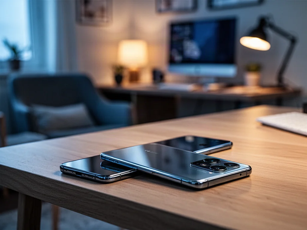 Smartfon Xiaomi Redmi Note 7 leżący na drewnianym biurku, z wyraźnie wyeksponowanym szklanym tyłem i modułem aparatu.
