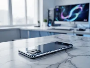 Kobieta trzymająca w dłoniach smartfon Samsung Galaxy A53 5G z wyraźnym, kolorowym ekranem w domowym biurze.
