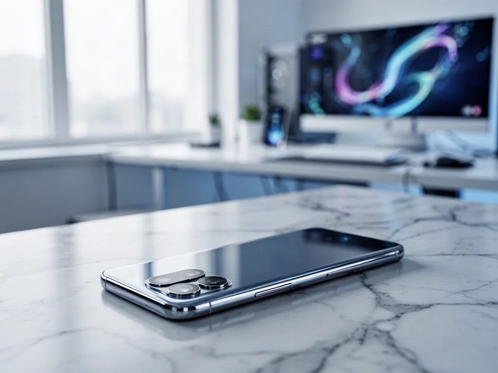 Nowoczesny smartfon z wyeksponowanym modułem aparatu na marmurowym biurku w jasnym, minimalistycznym wnętrzu.