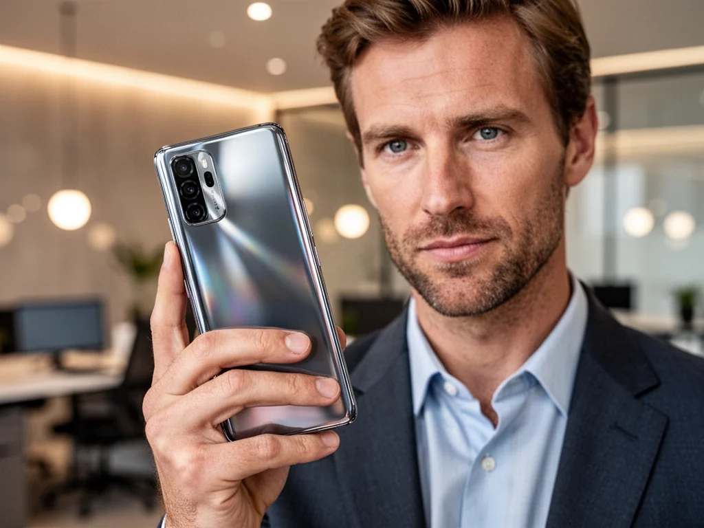 Mężczyzna trzymający w dłoni nowoczesny smartfon Samsung Galaxy A55 z metalową ramką w minimalistycznym biurze.