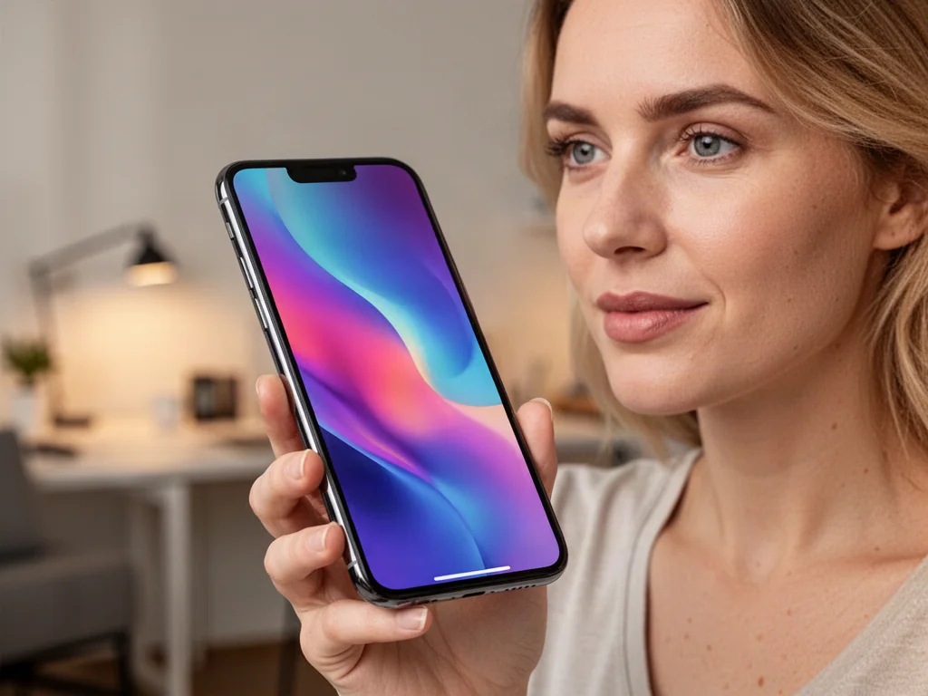 Kobieta trzymająca w dłoni nowoczesny smartfon Samsung Galaxy A54 z wyraźnym, kolorowym ekranem w domowym biurze.