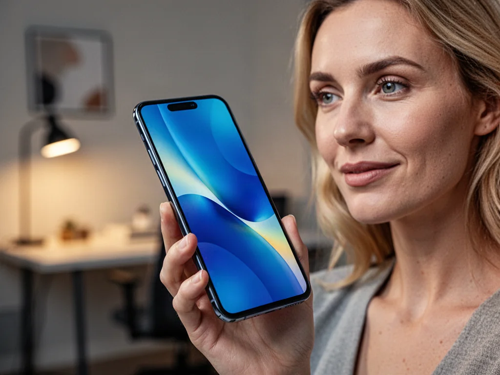 Kobieta trzymająca w dłoni nowoczesny smartfon Xiaomi Redmi 14c z wyraźnym, kolorowym wyświetlaczem.