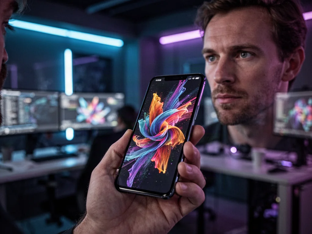 Mężczyzna trzymający OnePlus 7 Pro z kolorową grafiką na ekranie w nowoczesnym, profesjonalnym biurze.