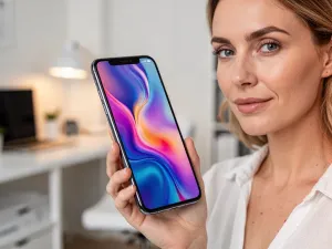 Smartfon Xiaomi Redmi Note 7 leżący na drewnianym biurku, z wyraźnie wyeksponowanym szklanym tyłem i modułem aparatu.