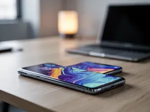 Mężczyzna trzymający w dłoni nowoczesny smartfon Samsung Galaxy A12 na tle biurowego biurka.