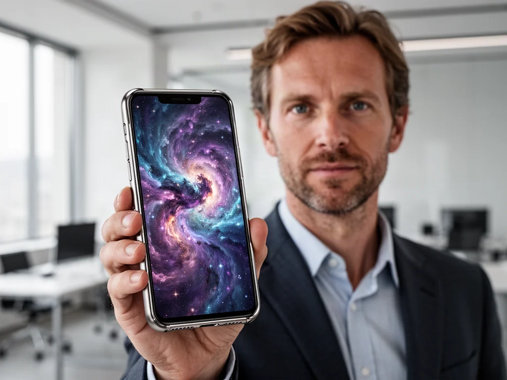 Mężczyzna trzymający w dłoni nowoczesny smartfon Samsung Galaxy S25 Ultra z wyraźnym ekranem na tle minimalistycznego biura.