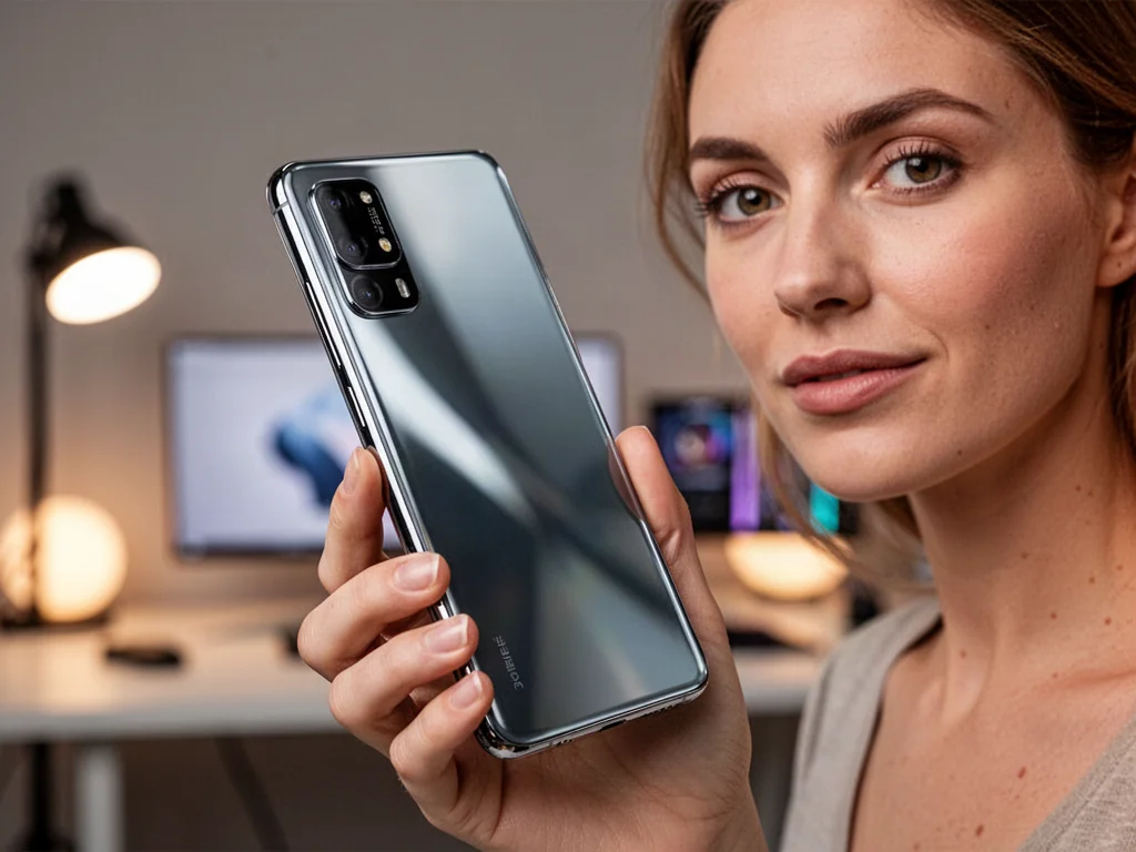 Elegancki smartfon Samsung Galaxy A55 z metalową ramką trzymany w dłoni na tle nowoczesnego biura.