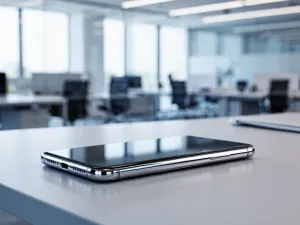 Kobieta trzymająca nowoczesny smartfon Google Pixel z kolorowym interfejsem na ekranie w jasnym biurze.