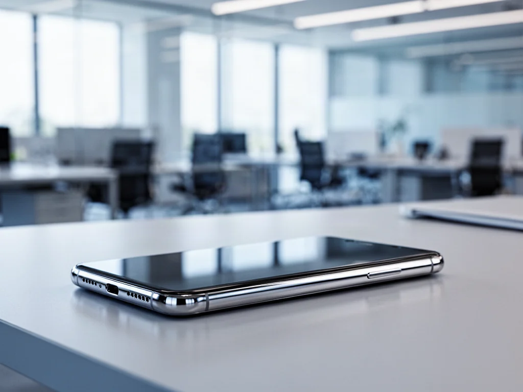 Nowoczesny smartfon Samsung Galaxy S25 o eleganckim designie, spoczywający na minimalistycznym biurku w jasnym biurze.