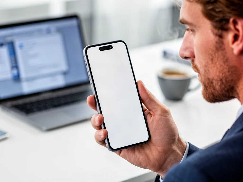 Mężczyzna trzymający w dłoni nowoczesny smartfon Samsung Galaxy A12 na tle biurowego biurka.