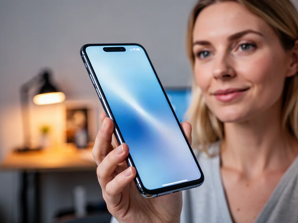 Kobieta trzymająca nowoczesny smartfon Samsung Galaxy S21 w przytulnym domowym biurze.