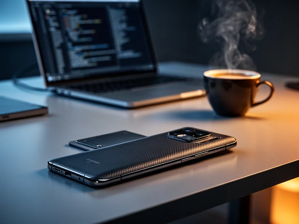 Smartfon Realme GT Master Edition z charakterystyczną fakturą obudowy na tle nowoczesnego biurka.