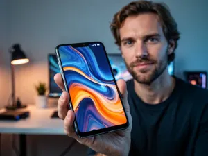 Mężczyzna trzymający OnePlus 7 Pro z kolorową grafiką na ekranie w nowoczesnym, profesjonalnym biurze.