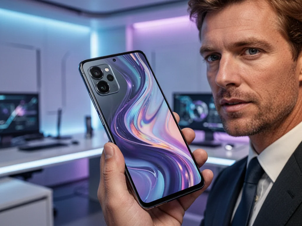 Mężczyzna trzymający w dłoni nowoczesny smartfon Huawei P30 Pro z wyraźnie widocznymi obiektywami aparatu.