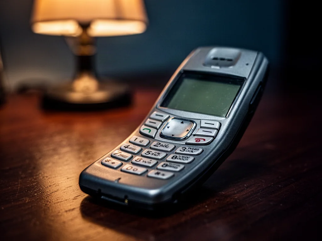Klasyczny telefon Nokia 6310i na drewnianym biurku w klimatycznym, przytulnym oświetleniu podkreślającym jego retro design.