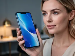 Nowoczesny smartfon z wyeksponowanym modułem aparatu na marmurowym biurku w jasnym, minimalistycznym wnętrzu.