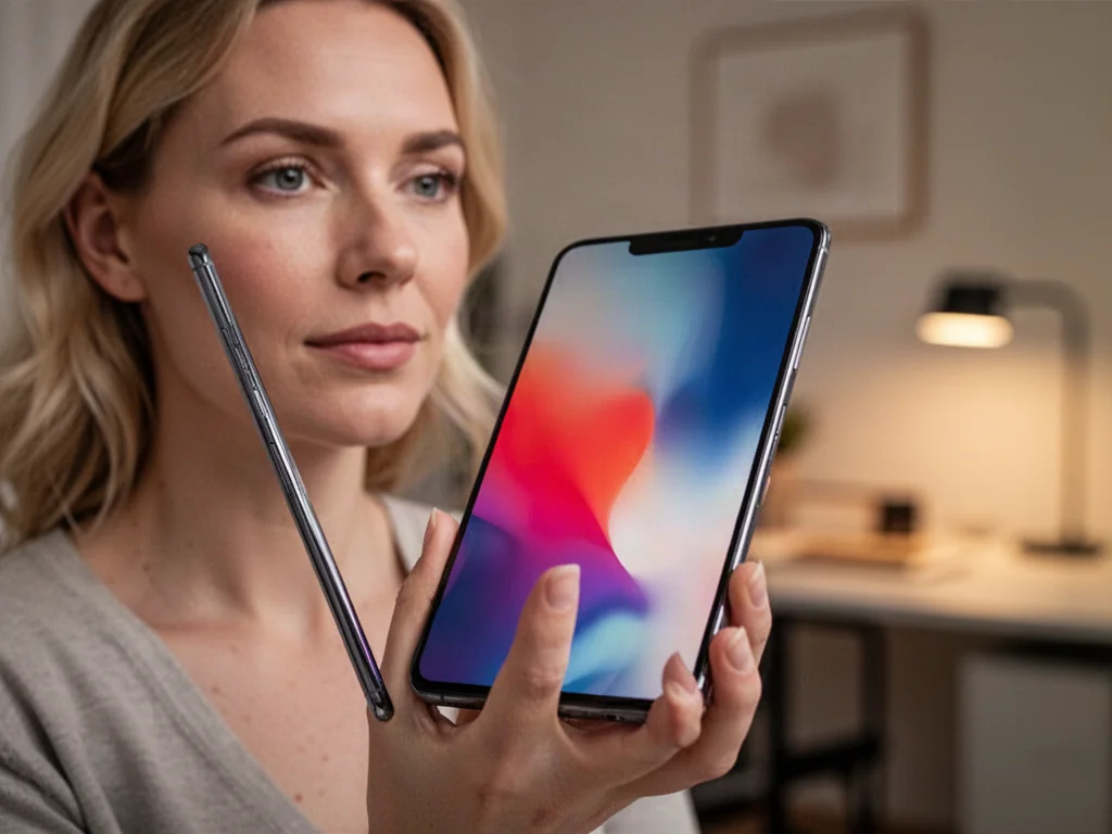 Kobieta trzymająca w dłoniach smartfon Samsung Galaxy A53 5G z wyraźnym, kolorowym ekranem w domowym biurze.